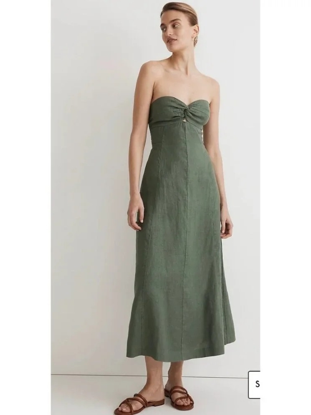Madewell Olive Green Strapless Midi Dress with Front Twist Linen Sz 4 NWT